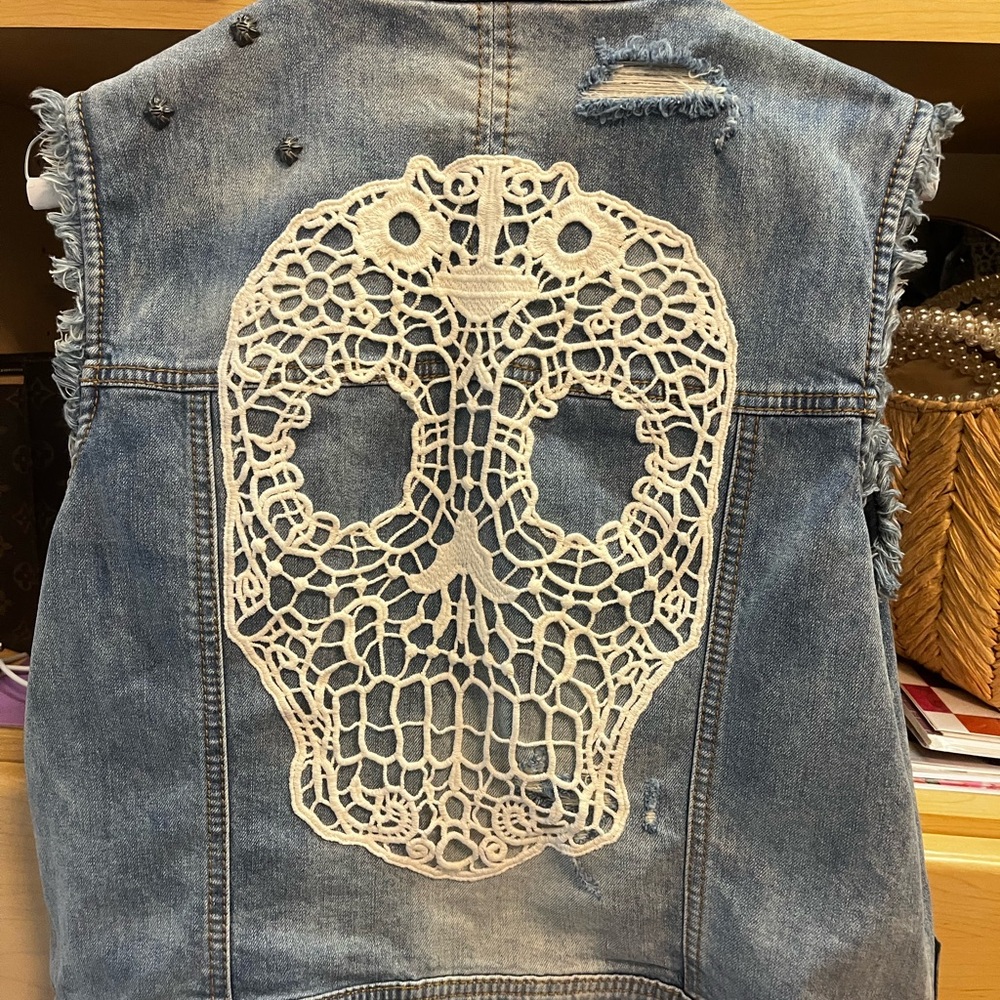 Denim Vest with Intricate Lace Skull Appliqué. Harley Davidson